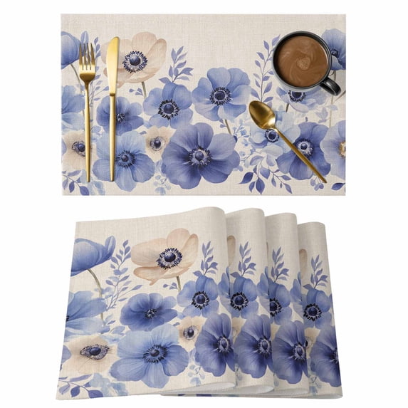 Placemat Set of 4 Ombre Blue Flowers Placemats for Dining Table Vintage Floral Leaf Washable Table Mats for Kitchen and Party Decor Indoor & Outdoor Use