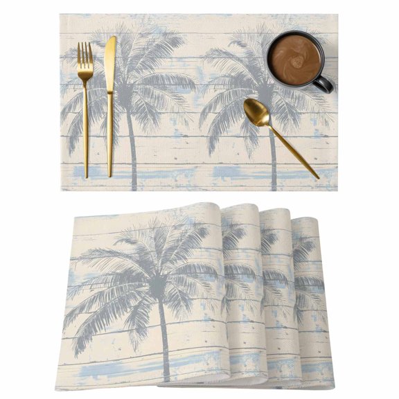 Placemat Set of 4 Palm Tree Hand Drawn Placemats for Dining Table Retro Wood Grain Washable Table Mats for Kitchen and Party Decor Indoor & Outdoor Use