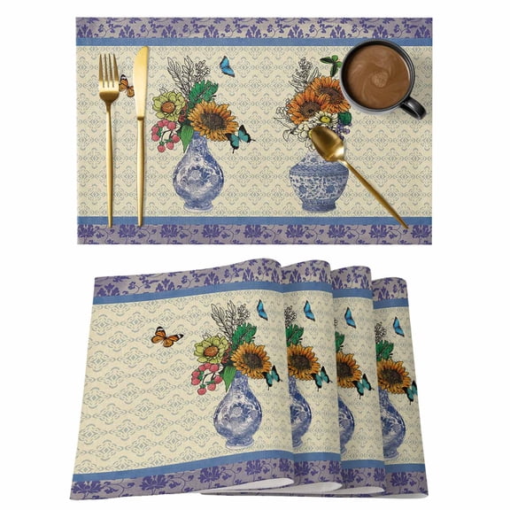 Placemat Set of 4 Porcelain Texture Placemats for Dining Table Floral Butterfly Retro Washable Table Mats for Kitchen and Party Decor Indoor & Outdoor Use