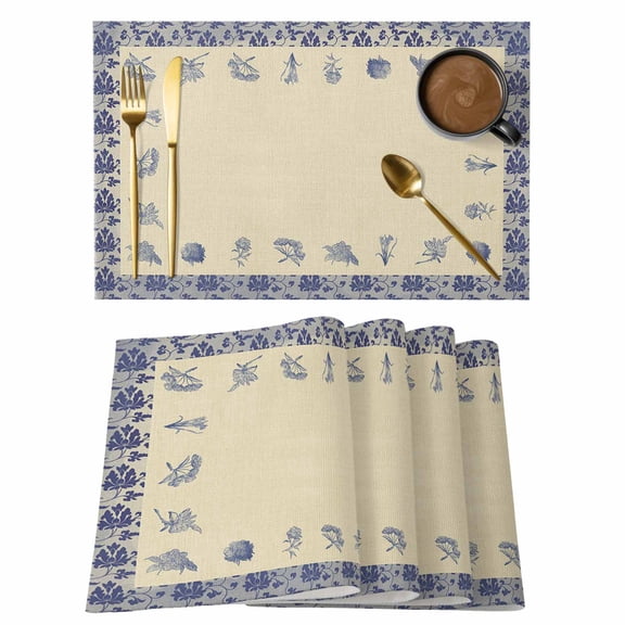 Placemat Set of 4 Porcelain Texture Side Placemats for Dining Table Floral Plant Rustic Washable Table Mats for Kitchen and Party Decor Indoor & Outdoor Use