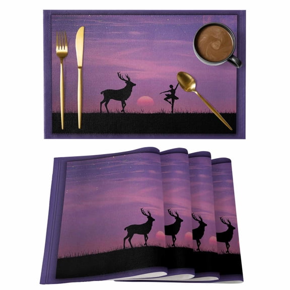 Placemat Set of 4 Purple Starry Sky Placemats for Dining Table Moon Deer Dancing Girl Washable Table Mats for Kitchen and Party Decor Indoor & Outdoor Use