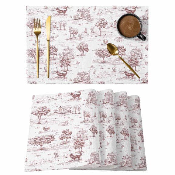 Placemat Set of 4 Rustic Dog Vintage Deer Placemats for Dining Table Red Line Art Tree Washable Table Mats for Kitchen and Party Decor Indoor & Outdoor Use
