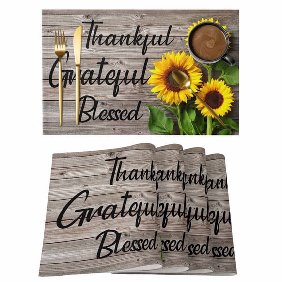 Placemat Set of 4 Sunflower Farmhouse Placemats for Dining Table Wood Grain Vintage Washable Table Mats for Kitchen and Party Decor Indoor & Outdoor Use
