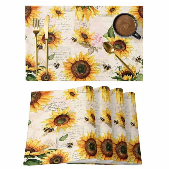 Placemat Set of 4 Sunflower Leaves Placemats for Dining Table Farmhouse Floral Vintage Washable Table Mats for Kitchen and Party Decor Indoor & Outdoor Use