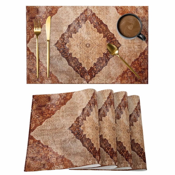 Placemat Set of 4 Vintage Geometric Placemats for Dining Table Ethnic Style Turkish Diamond Texture Washable Table Mats for Kitchen and Party Decor Indoor & Outdoor Use
