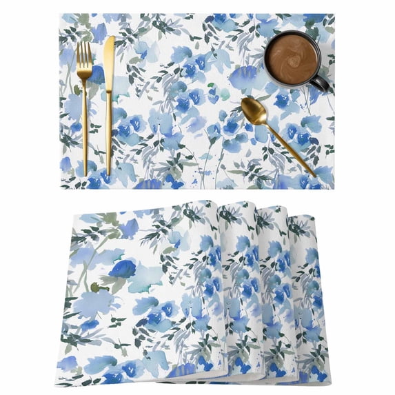 Placemat Set of 6 Blue Flowers Leaves Placemats for Dining Table Watercolor Floral Plant Washable Table Mats for Kitchen and Party Decor Indoor & Outdoor Use