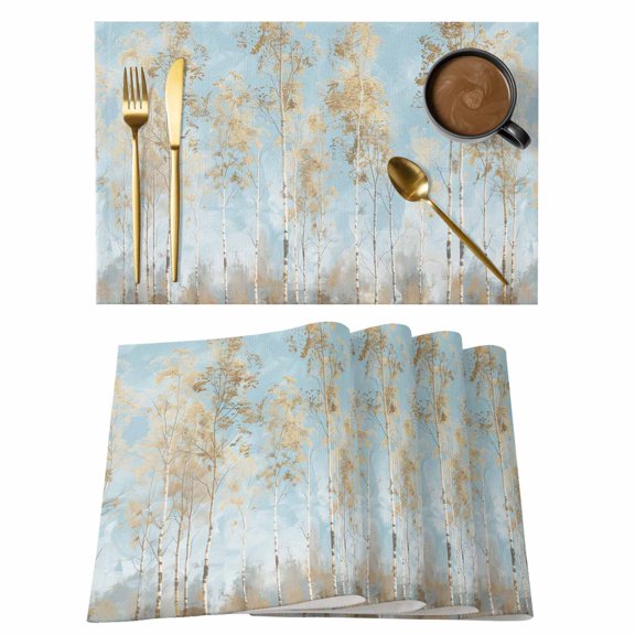 Placemat Set of 6 Brown Forest Placemats for Dining Table Plant Oil Painting Blue Washable Table Mats for Kitchen and Party Decor Indoor & Outdoor Use