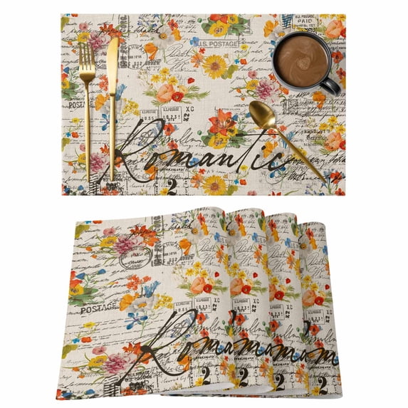 Placemat Set of 6 Hand Drawn Flower Floral Placemats for Dining Table Retro Postmark Washable Table Mats for Kitchen and Party Decor Indoor & Outdoor Use