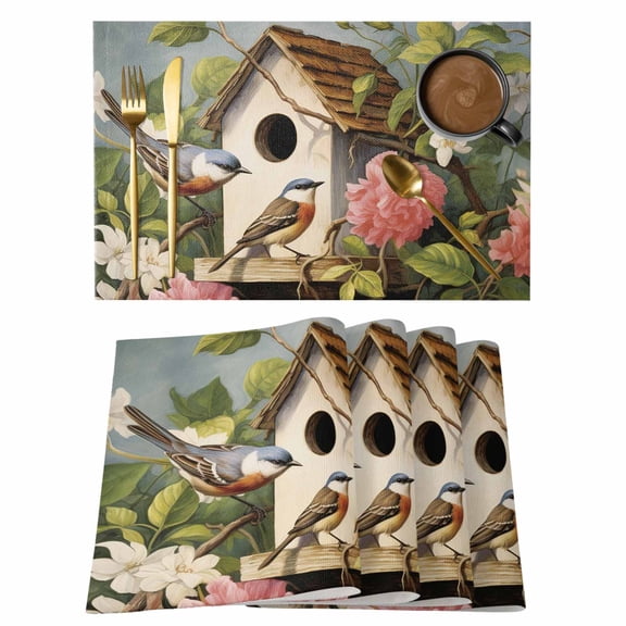 Placemat Set of 6 Hummingbird Magpie Placemats for Dining Table Spring Begonia Flower Branch Bird Washable Table Mats for Kitchen and Party Decor Indoor & Outdoor Use