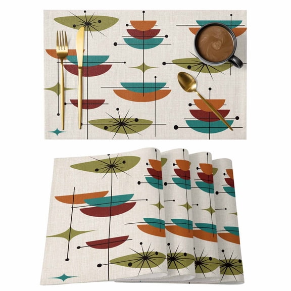 Placemat Set of 6 Mid Century Modern Placemats for Dining Table Abstract Geometric Lines Orange Teal Washable Table Mats for Kitchen and Party Decor Indoor & Outdoor Use