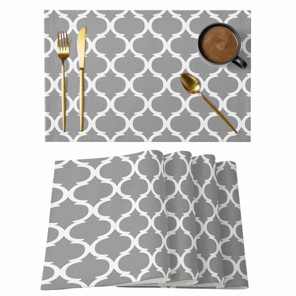 Placemat Set of 6 Moroccan Lattice Placemats for Dining Table Grey Geometric Classic Quatrefoil Trellis Washable Table Mats for Kitchen and Party Decor Indoor & Outdoor Use