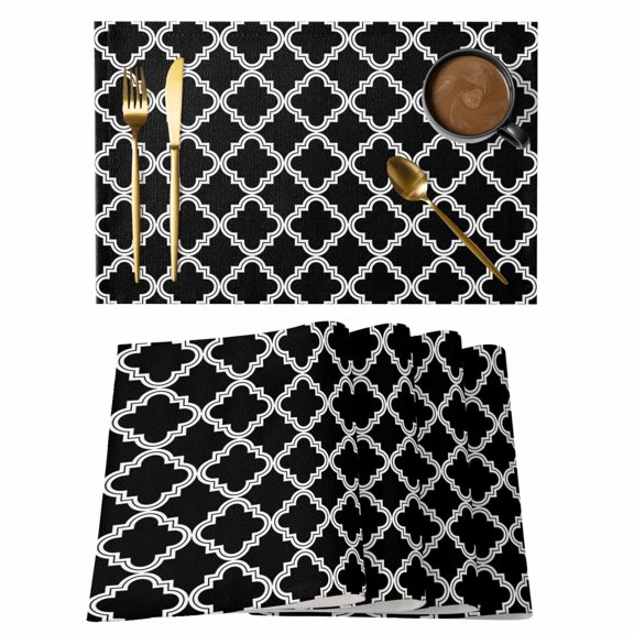 Placemat Set of 6 Moroccan Pattern Placemats for Dining Table Geometric Trellis Black Washable Table Mats for Kitchen and Party Decor Indoor & Outdoor Use