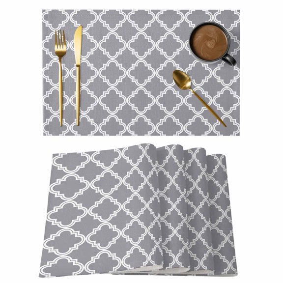 Placemat Set of 6 Moroccan Pattern Placemats for Dining Table Geometric Trellis Grey Washable Table Mats for Kitchen and Party Decor Indoor & Outdoor Use
