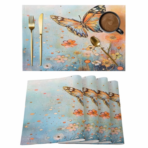 Placemat Set of 6 Orange Butterfly Flowers Placemats for Dining Table Blue Modern Art Washable Table Mats for Kitchen and Party Decor Indoor & Outdoor Use