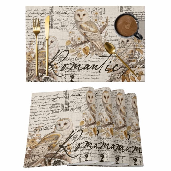 Placemat Set of 6 Owl Tree Branch Flower Placemats for Dining Table Retro Postmark Washable Table Mats for Kitchen and Party Decor Indoor & Outdoor Use