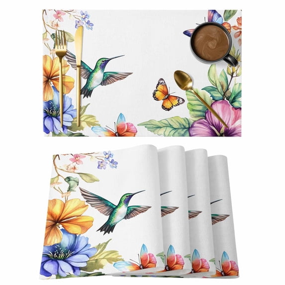 Placemat Set of 6 Spring Flowers Pastoral Placemats for Dining Table Butterfly Bird Washable Table Mats for Kitchen and Party Decor Indoor & Outdoor Use