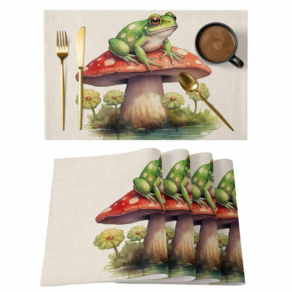 Placemat Set of 6 Spring Frog Mushrooms Placemats for Dining Table Watercolor Lake Vintage Flowers Washable Table Mats for Kitchen and Party Decor Indoor & Outdoor Use