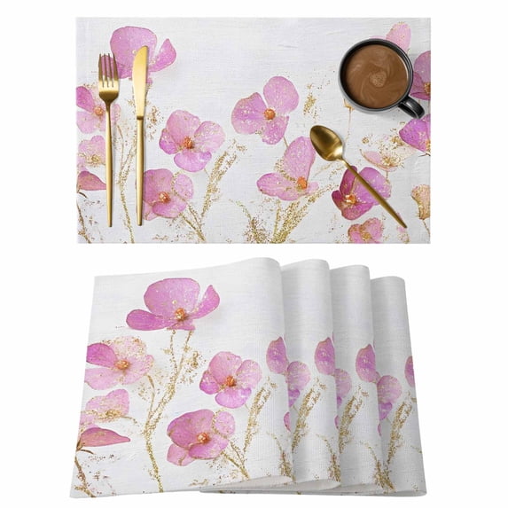 Placemat Set of 6 Watercolor Spring Flower Placemats for Dining Table Pink Floral Leaf Washable Table Mats for Kitchen and Party Decor Indoor & Outdoor Use