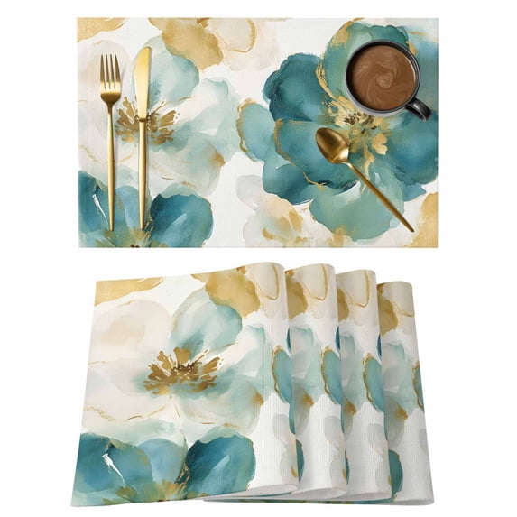 Placemat Set of 6 Watercolors Green Flowers Placemats for Dining Table Abstract Floral Washable Table Mats for Kitchen and Party Decor Indoor & Outdoor Use