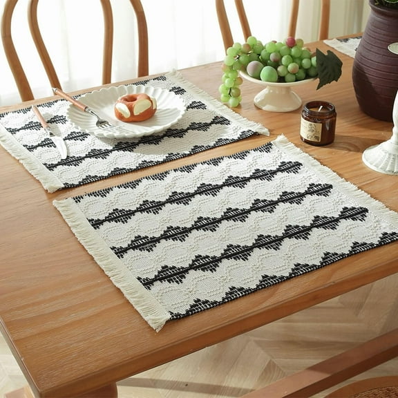 Placemat Set of 2,Placemat Linen Cotton Woven Stripes with Tassels Washable Placemats