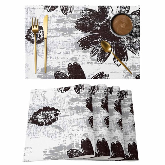 Placemat Set of 4 Black Flower Placemats for Dining Table Floral Field Washable Table Mats for Kitchen and Party Decor Indoor & Outdoor Use
