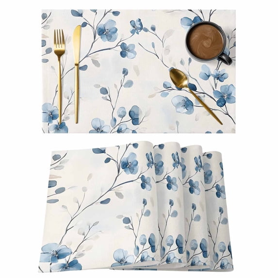Placemat Set of 4 Blue Wildflower Placemats for Dining Table Watercolor Floral Washable Table Mats for Kitchen and Party Decor Indoor & Outdoor Use
