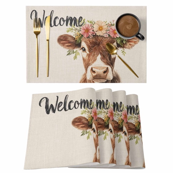 Placemat Set of 4 Cute Bull Placemats for Dining Table Flower Wreath Washable Table Mats for Kitchen and Party Decor Indoor & Outdoor Use