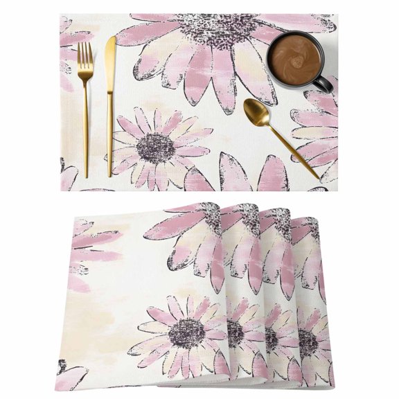 Placemat Set of 4 Floral Field Placemats for Dining Table Pink Flower Washable Table Mats for Kitchen and Party Decor Indoor & Outdoor Use