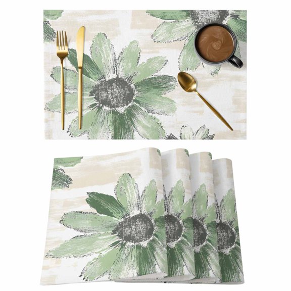 Placemat Set of 4 Green Flower Placemats for Dining Table Floral Field Washable Table Mats for Kitchen and Party Decor Indoor & Outdoor Use