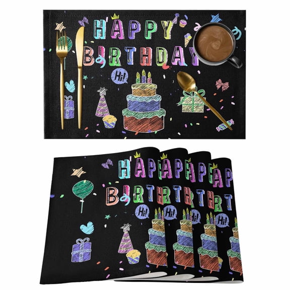 Placemat Set of 4 Happy Birthday Placemats for Dining Table Cakes Candy Balloon Washable Table Mats for Kitchen and Party Decor Indoor & Outdoor Use