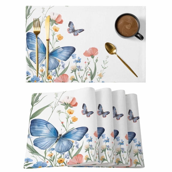 Placemat Set of 4 Pink Blue Flower Placemats for Dining Table Spring Butterfly Washable Table Mats for Kitchen and Party Decor Indoor & Outdoor Use