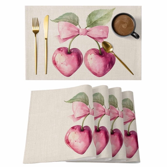 Placemat Set of 4 Pink Bow Cherry Placemats for Dining Table Linen Background Washable Table Mats for Kitchen and Party Decor Indoor & Outdoor Use