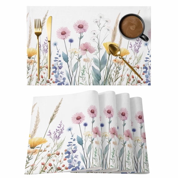 Placemat Set of 4 Pink Wildflower Placemats for Dining Table Floral Leaves Plant Washable Table Mats for Kitchen and Party Decor Indoor & Outdoor Use