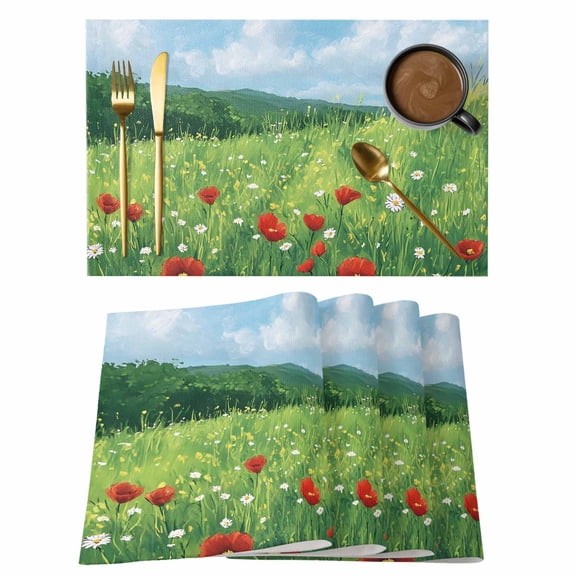 Placemat Set of 4 Red White Flowers Placemats for Dining Table Spring Field Washable Table Mats for Kitchen and Party Decor Indoor & Outdoor Use