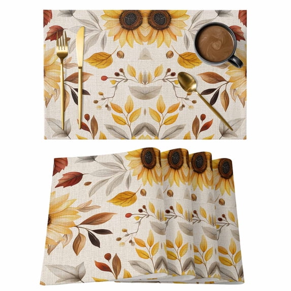 Placemat Set of 4 Sunflower Leaf Placemats for Dining Table Watercolor Spring Washable Table Mats for Kitchen and Party Decor Indoor & Outdoor Use