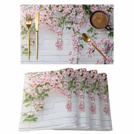 Placemat Set of 4 Wall Grain Placemats for Dining Table Pink Flower Washable Table Mats for Kitchen and Party Decor Indoor & Outdoor Use