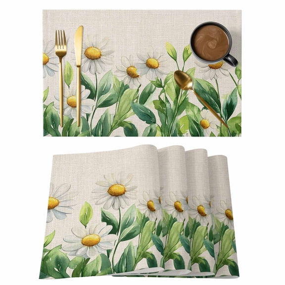 Placemat Set of 4 White Daisy Placemats for Dining Table Linen Background Washable Table Mats for Kitchen and Party Decor Indoor & Outdoor Use