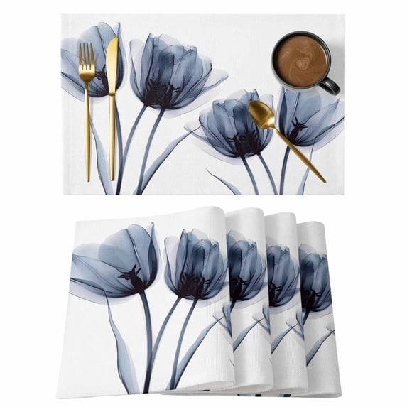 Placemat Set of 6 Blue Tulip Flower Placemats for Dining Table Floral Washable Table Mats for Kitchen and Party Decor Indoor & Outdoor Use