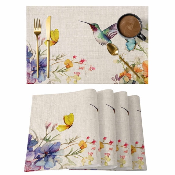 Placemat Set of 6 Butterfly Bird Placemats for Dining Table Spring Flowers Washable Table Mats for Kitchen and Party Decor Indoor & Outdoor Use