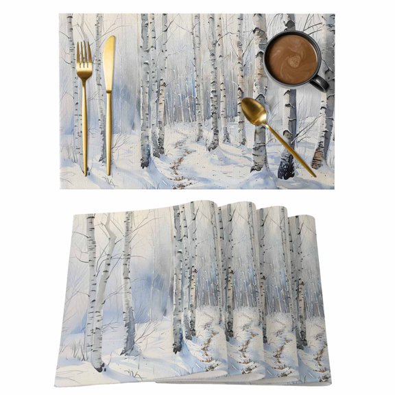 Placemat Set of 6 Forest Placemats for Dining Table Winter Scene Birch Forest Washable Table Mats for Kitchen and Party Decor Indoor & Outdoor Use