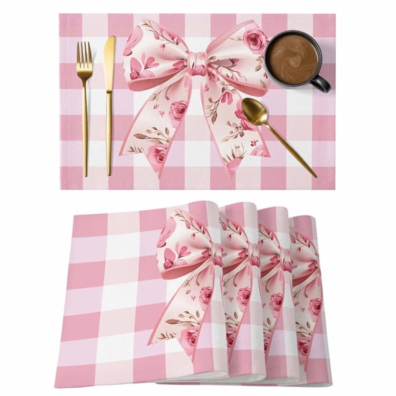 Placemat Set of 6 Rose Bow Placemats for Dining Table Pink White Check Washable Table Mats for Kitchen and Party Decor Indoor & Outdoor Use