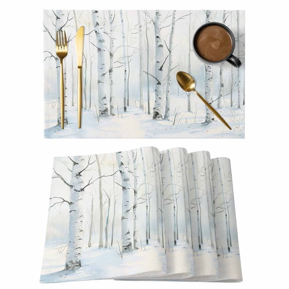 Placemat Set of 6 Winter Forest Placemats for Dining Table Birch Forest Tree Washable Table Mats for Kitchen and Party Decor Indoor & Outdoor Use