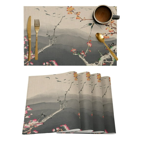 Placemat Spring Flowers Chinese Painting Ink Dining Table Tableware Mats Kitchen Dish Mat Pad 4/6pcs Table Mat Home ration