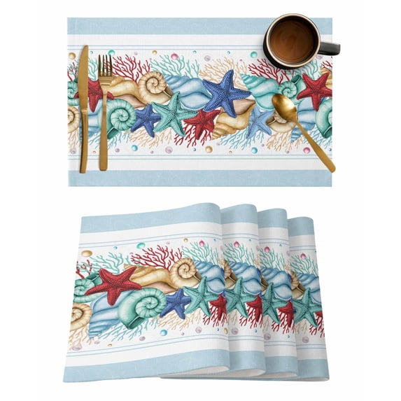 Placemat Summer Ocean Watercolor Star Shell Coral Sky Blue Coffee Dish Mat Kitchen Dining Table Rug Dinnerware 4/6pcs Pads