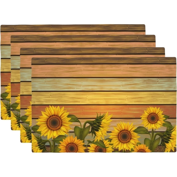 Placemat Table Mat Desktop Decoration Illustration of Sunflowers and Leaves Varicolored Wooden Board Placemats Set of 4 Non Slip Stain Heat Resistant for Dining Home Kitchen Indoor 12x18 in