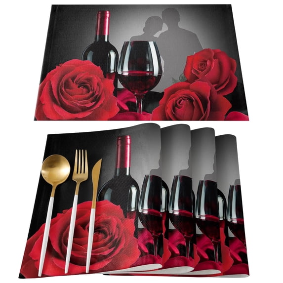 Placemat Valentine Rose Flower Red 4/6pcs Table Pad Mats for Dining Table Home Kitchen r Accessories Linen Coaster