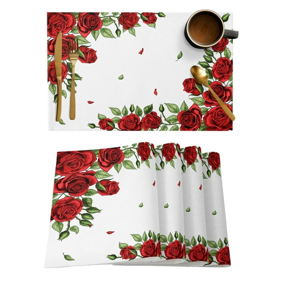 Placemat Valentine Rose Flower Red 4/6pcs Table Pad Mats for Dining Table Home Kitchen r Accessories Linen Coaster