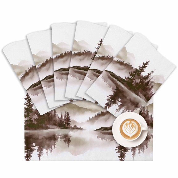 Placemat Watercolor Brown Lake Forest Placemats for Dining Table Trees Mountain Washable Table Mats for Party Kitchen Dining Decoration