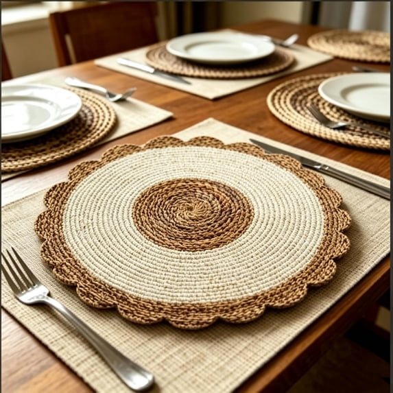 Placemat Woven Round Placemat With Scalloped Edge For Dining Table Setting