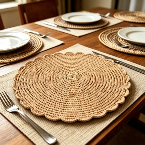 Placemat Woven Round Placemat With Scalloped Edge For Dining Table Setting